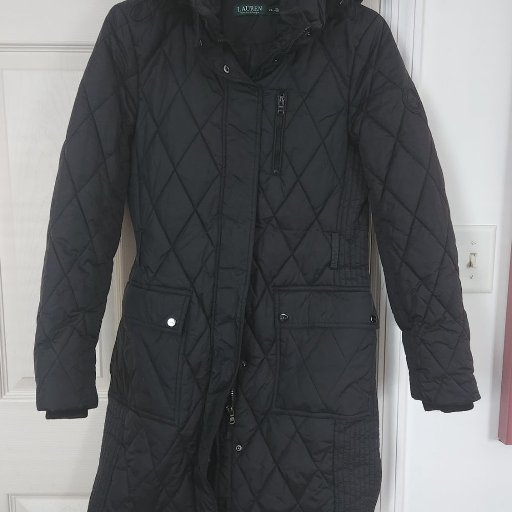New Lauren Ralph Lauren Hooded Fur Long Winter Coat Women Black Petite XS